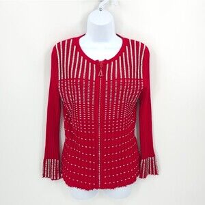 Radzoli Beaded Ribbed Sweater Long Sleeve Holiday Party Vegas Bling Red Large